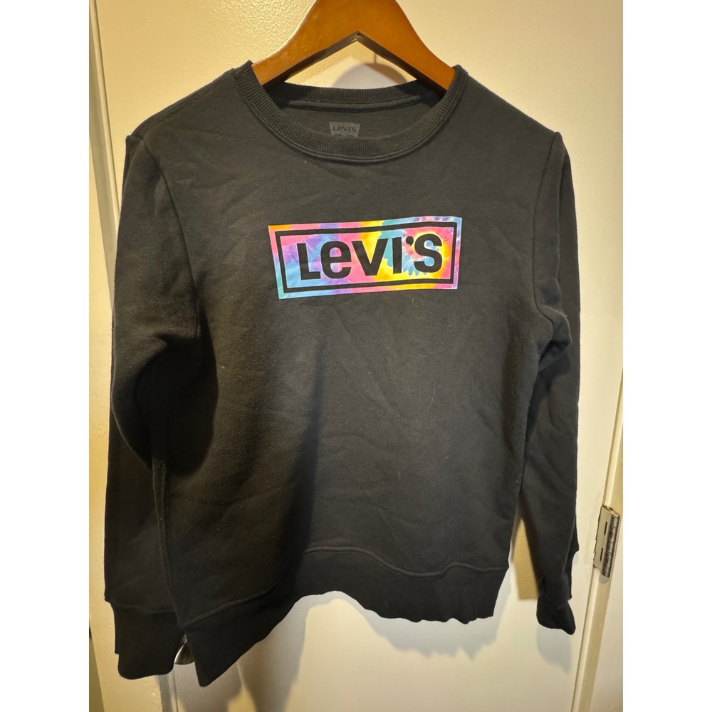 Levis Kids Black Crewneck Sweatshirt Tie Dye Box Logo Pullover Size L 12-13 Yrs